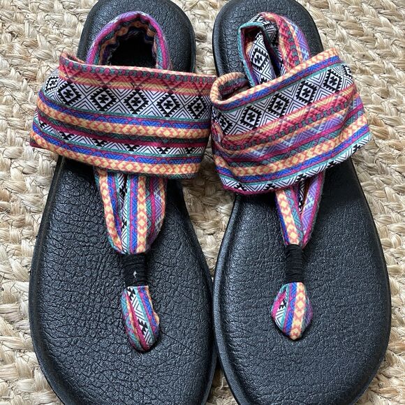 Sanuk Sandals Women 11 Yoga Sling 2 Aztec Boho Slingback Thong Multicolor Fabric - Picture 3 of 8
